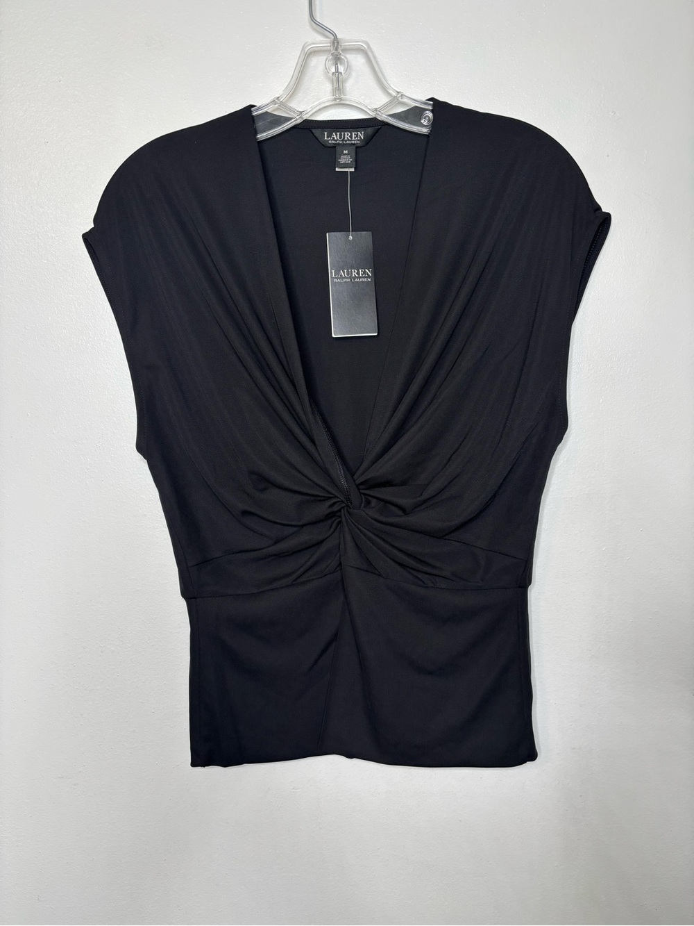 NWT Lauren Ralph Lauren Twist-Front Jersey Cap-Sleeve Tee Black Size Medium - Picture 3 of 8